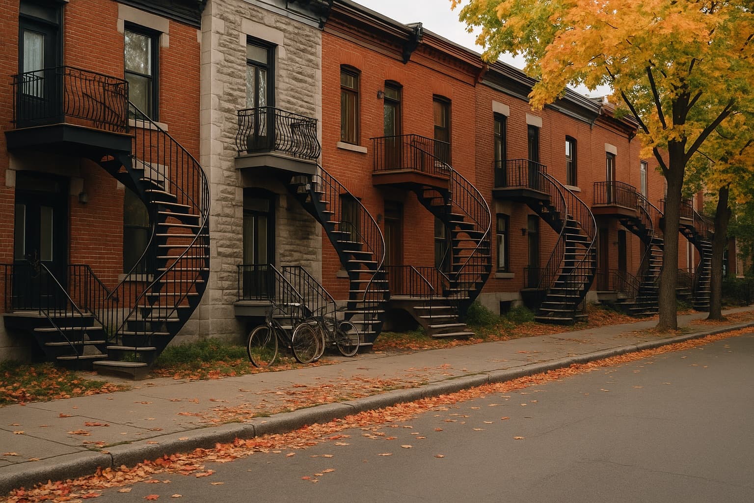 A Montreal street of brick plexes with exterior spiral staircases in early autumn